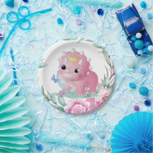 Princess Dinosaur Pink Peonies Baby shower Papieren Bordje (Feest)
