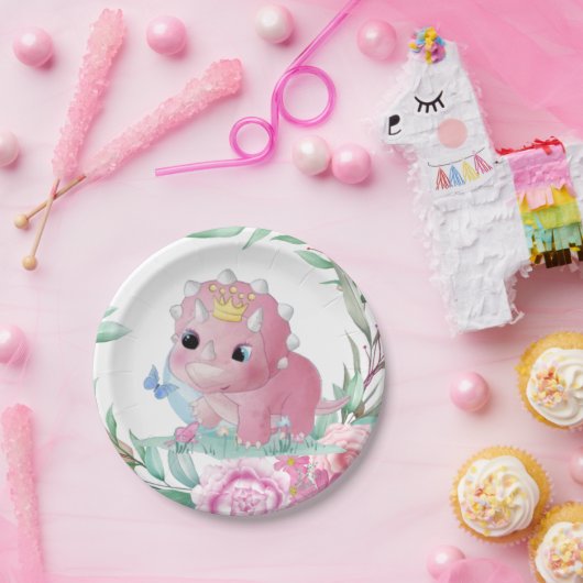 Princess Dinosaur Pink Peonies Baby shower Papieren Bordje (Feest)