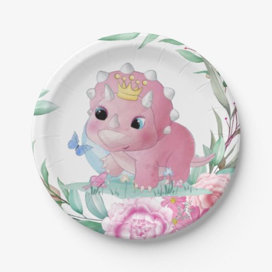 Princess Dinosaur Pink Peonies Baby shower Papieren Bordje (Voorkant)