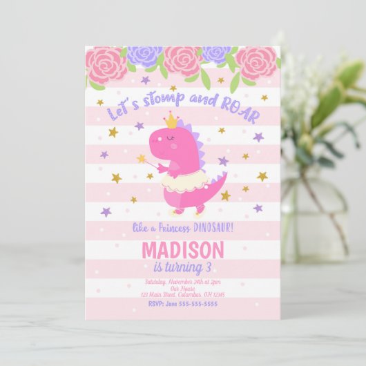 Princess Dinosaur Verjaardag Uitnodiging (Staand voorkant)