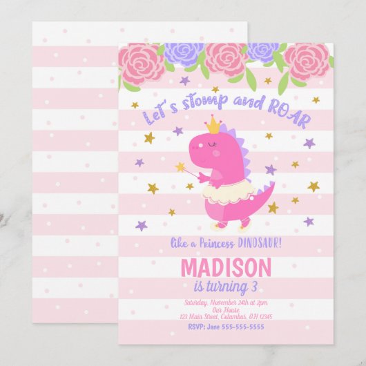 Princess Dinosaur Verjaardag Uitnodiging (Voorkant / Achterkant)