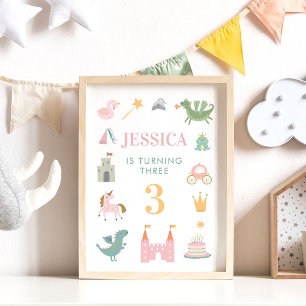 Princess Dragon Castle Birthday Nursery Poster