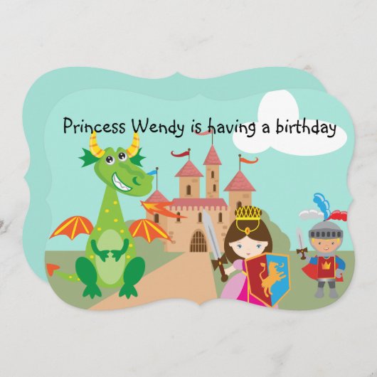 Princess Dragon en Knight Birthday Invite Kaart (Voorkant / Achterkant)