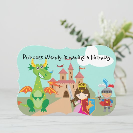 Princess Dragon en Knight Birthday Invite Kaart (Staand voorkant)