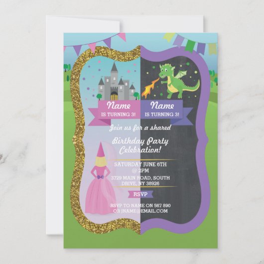 Princess & Dragon Joint Boy Girl Birthday Invites Kaart (Voorkant)