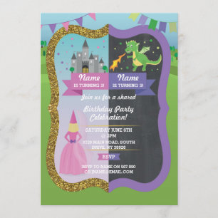 Princess & Dragon Joint Boy Girl Birthday Invites Kaart