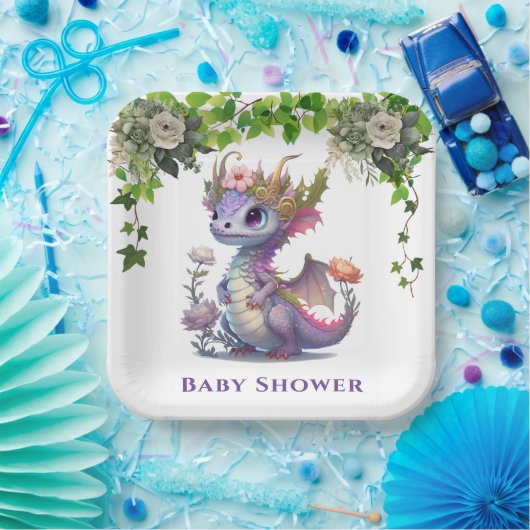 Princess Dragon met Bloemen Meisje Baby shower Papieren Bordje (Feest)