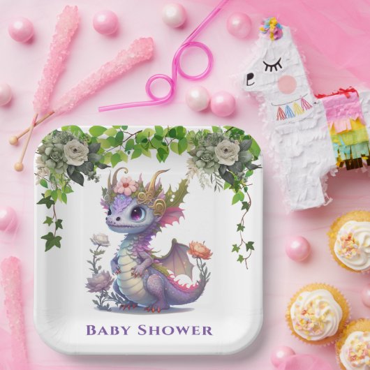 Princess Dragon met Bloemen Meisje Baby shower Papieren Bordje (Feest)