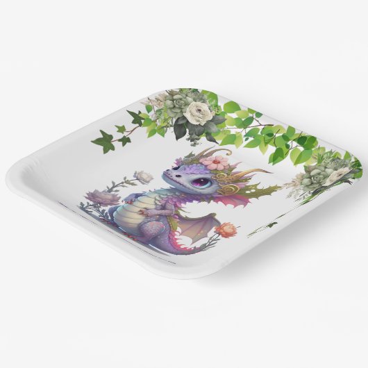Princess Dragon met Bloemen Meisje Baby shower Papieren Bordje (Gebogen)