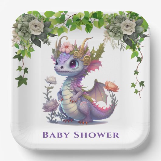 Princess Dragon met Bloemen Meisje Baby shower Papieren Bordje (Voorkant)