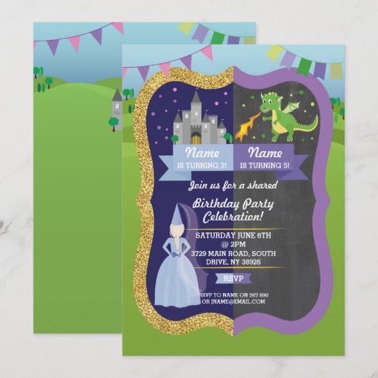 Princess & Dragon Shared Boy Girl Birthday Invites Kaart (Voorkant / Achterkant)
