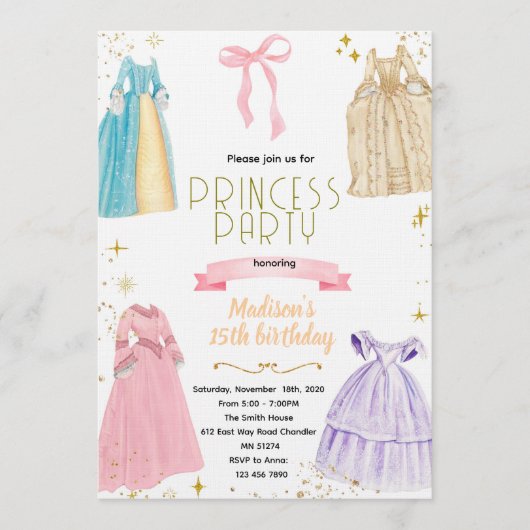 Princess Dresses Birthday Invitation Kaart (Voorkant)