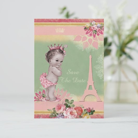 Princess Eiffel Tower - Baby shower bespaart de da Save The Date (Staand voorkant)