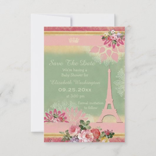 Princess Eiffel Tower - Baby shower bespaart de da Save The Date (Achterkant)