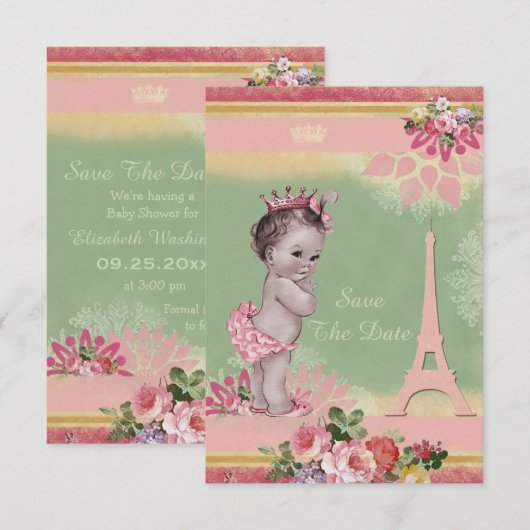 Princess Eiffel Tower - Baby shower bespaart de da Save The Date (Voorkant / Achterkant)