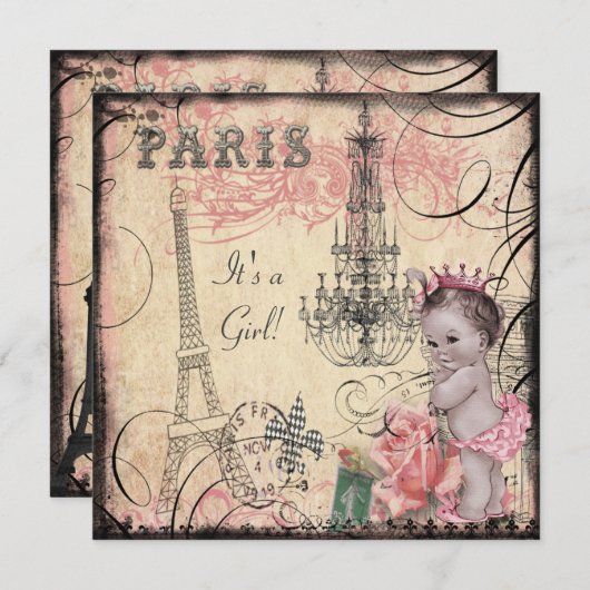 Princess Eiffel Tower & Chandelier Baby shower Kaart (Voorkant / Achterkant)