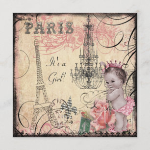 Princess Eiffel Tower & Chandelier Baby shower Kaart