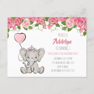 Princess Elephant Child's 1e verjaardag Roze Flora Uitnodiging Briefkaart