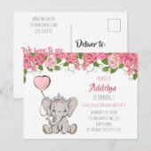 Princess Elephant Child's 1e verjaardag Roze Flora Uitnodiging Briefkaart (Voorkant / Achterkant)
