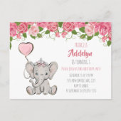 Princess Elephant Child's 1e verjaardag Roze Flora Uitnodiging Briefkaart (Voorkant)