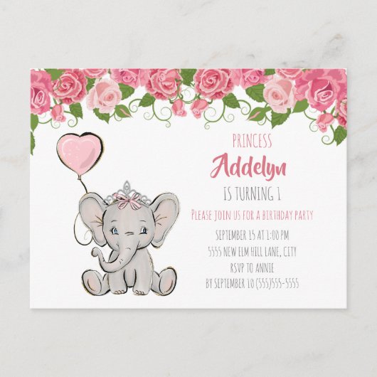 Princess Elephant Child's 1e verjaardag Roze Flora Uitnodiging Briefkaart (Voorkant)