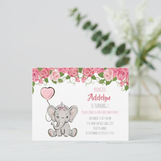 Princess Elephant Child's 1e verjaardag Roze Flora Uitnodiging Briefkaart (Staand voorkant)