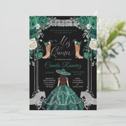 Princess Emerald Green & Silver Girl Sweet 15th Kaart (Staand voorkant)