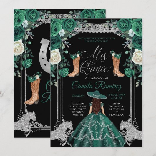 Princess Emerald Green & Silver Girl Sweet 15th Kaart (Voorkant / Achterkant)