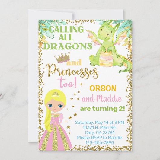 Princess en dragon siblings verjaardagsuitnodiging kaart (Voorkant)