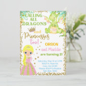 Princess en dragon siblings verjaardagsuitnodiging kaart (Staand voorkant)