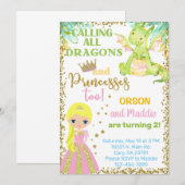 Princess en dragon siblings verjaardagsuitnodiging kaart (Voorkant / Achterkant)