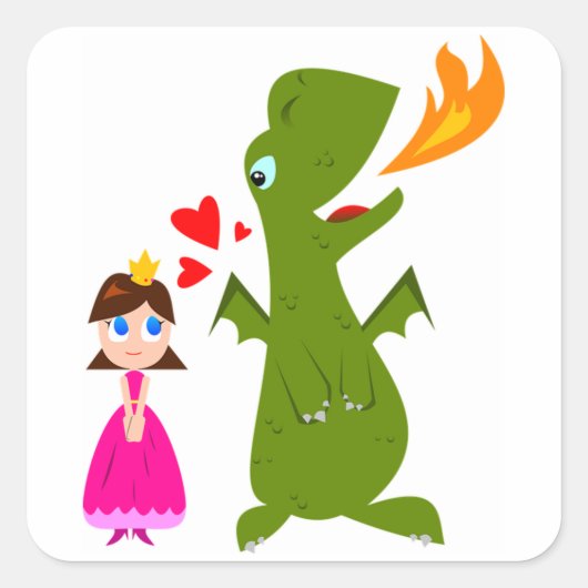 Princess en Dragon Vierkante Sticker (Voorkant)