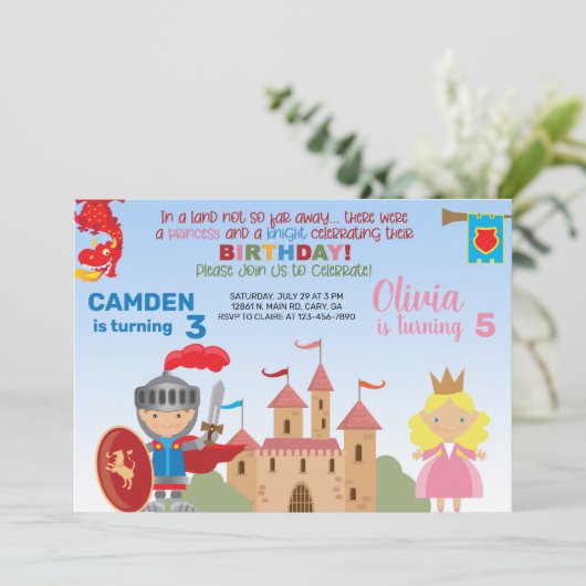 Princess en knight siblings verjaardagsuitnodiging kaart (Staand voorkant)