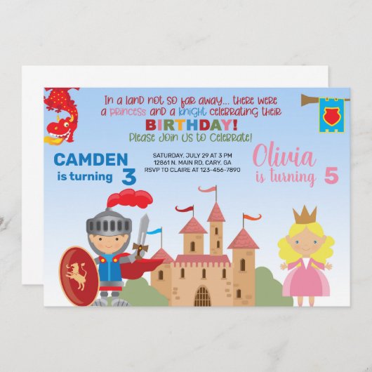 Princess en knight siblings verjaardagsuitnodiging kaart (Voorkant / Achterkant)
