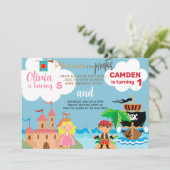 Princess en pirate siblings verjaardagsuitnodiging kaart (Staand voorkant)