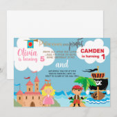 Princess en pirate siblings verjaardagsuitnodiging kaart (Voorkant / Achterkant)