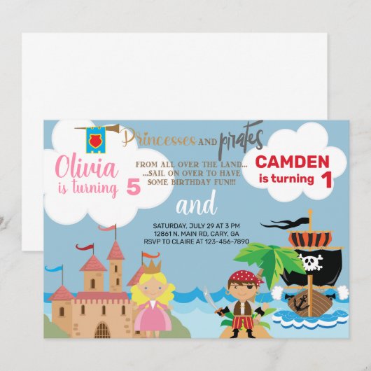 Princess en pirate siblings verjaardagsuitnodiging kaart (Voorkant / Achterkant)