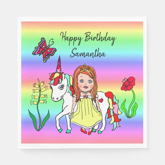 Princess en Unicorn Rainbow Birthday personalisere Servet (Voorkant)