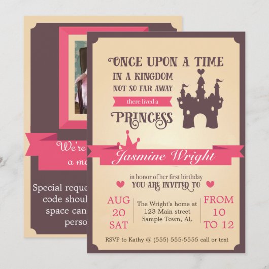 Princess Fairy Tale First Birthday Invitation Kaart (Voorkant / Achterkant)