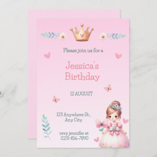 Princess Fairytale Birthday Party Invitation Kaart (Voorkant / Achterkant)