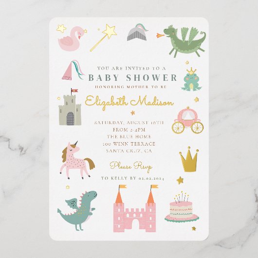 Princess fairytale eenorn Baby shower Folie Uitnodiging (Voorkant)