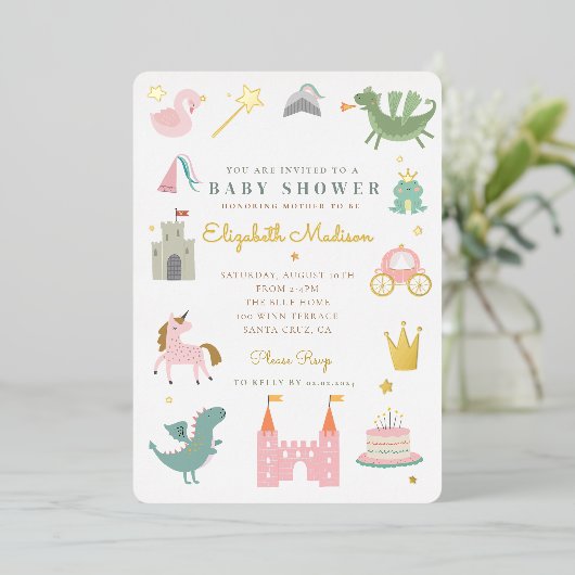 Princess fairytale eenorn Baby shower Folie Uitnodiging (Staand Voorkant)