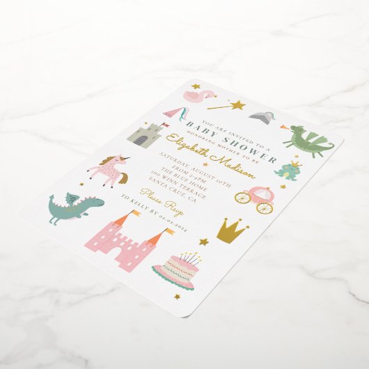 Princess fairytale eenorn Baby shower Folie Uitnodiging (Gedraaid)