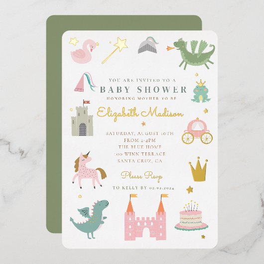 Princess fairytale eenorn Baby shower Folie Uitnodiging (Voorkant / Achterkant)