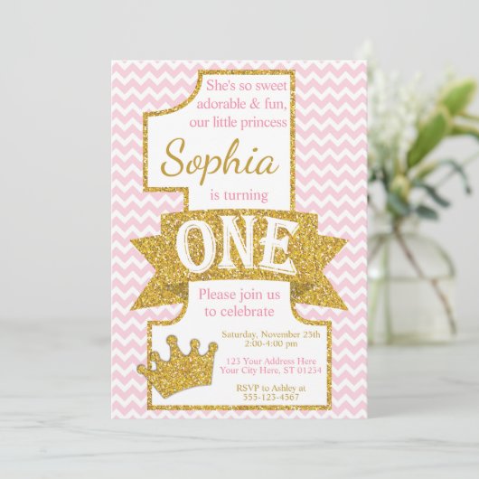 Princess First Birthday Invitation | Roze en goud Kaart (Staand voorkant)
