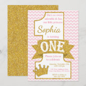 Princess First Birthday Invitation | Roze en goud Kaart (Voorkant / Achterkant)