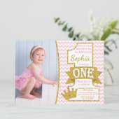 Princess First Birthday Invitation | Roze en goud Kaart (Staand voorkant)