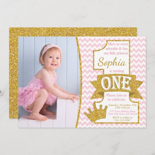 Princess First Birthday Invitation | Roze en goud Kaart (Voorkant / Achterkant)