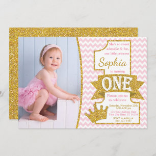 Princess First Birthday Invitation Roze en goud Kaart