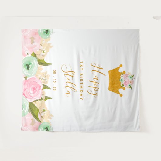 Princess First Birthday Party Tapestry Backdrop Wandkleed (Voorkant (horizontaal))